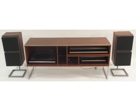 A BANG AND OLUFSEN MC40 ROSEWOOD HI-FI OPEN FRONT CABINET with slide out shelves with aluminium base, 63cm high x 137cm wide 