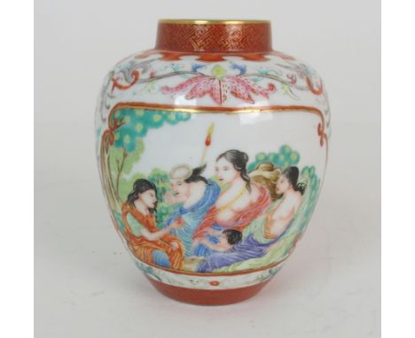 A CHINESE EUROPEAN SUBJECT PORCELAIN JAR painted with two panels of mythological figures within iron red and gilt frames, sur