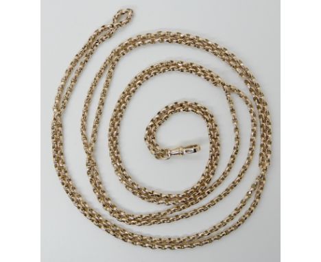 A 9CT GOLD LONG GUARD CHAIN length approx 154cm, hallmarked to the clasp and to a soldered on tag to the chain, weight 31.7gm
