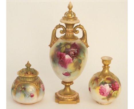 A ROYAL WORCESTER GLOBULAR VASE hand painted with roses and signed Spilsbury, shape no F126, together with a unsigned rose pa