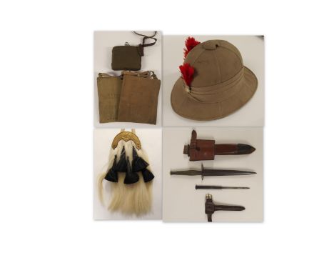 CAPTAIN C. MILLAR, BLACK WATCH, MILITARY SPORRAN pith helmet, commando dagger in scabbard with frog, two map cases, water bot