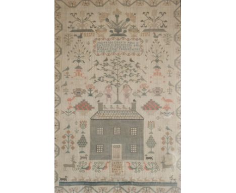 A LATE WILLIAM IV PICTORIAL AND RELIGIOUS SAMPLER by Janet Mason dated May 24 1837 in oak frame, 61 x 41cm Condition Report: 