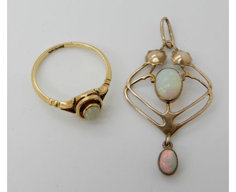 A 9CT GOLD MURRLE BENNETT OPAL PENDANT AND AN OPAL RING dimensions of the pendant 3.8cm x 1.9cm, largest opal 7.7mm x 5.3mm x