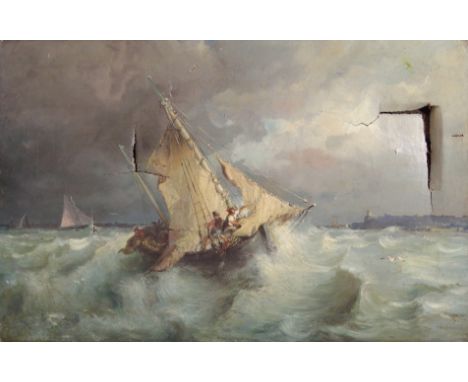 ATTRIBUTED TO EUGENE ISABEY (FRENCH 1803-1886) FISHING BOATS ON STORMY SEAS Oil on canvas, 35 x 54.5cm (13 3/4 x 21 1/2") Con