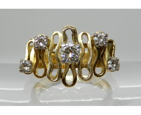 AN 18CT GOLD RETRO DIAMOND RING with wave design set with estimated approx 0.50cts of brilliant cut diamonds. Makers mark DAS
