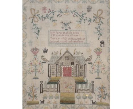 A GEORGE III PICTORIAL AND RELIGIOUS SAMPLER dated 1800 in ebonised frame, 39 x 31cm and a smaller George III pictorial sampl
