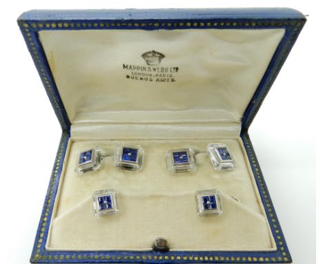 A PAIR OF CUFFLINKS AND A PAIR OF STUDS RETAILED BY MAPPIN & WEBB made from rock crystal and sapphire, mounted in 18ct white 