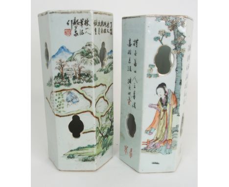 TWO CHINESE PORCELAIN HAT STANDS one painted with ladies in gardens divided by calligraphy the other with rice fields, one wi