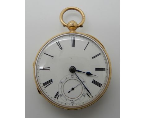 AN 18CT GOLD OPEN FACE POCKET WATCH with white enamel dial with black Roman numerals, and subsidiary seconds dial, hallmarked