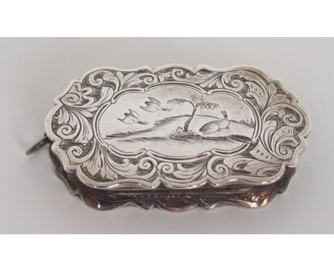 A VICTORIAN SILVER VINAIGRETTE IN CASE by Frederick Marson, Birmingham 1844, of rounded rectangular form with scalloped edge,