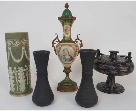 A SEVRES STYLE URN AND COVER WITH ORMOLU MOUNTS painted with the portrait of a lady, 29cm high, a glass handled vessel with m