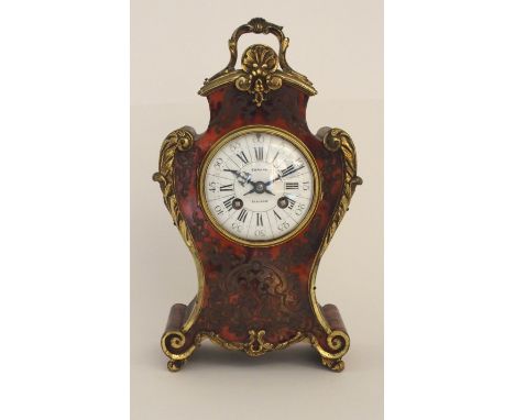 A 19TH CENTURY FRENCH BOULLE MANTLE CLOCK with ormolu mounts, the enamel dial with roman numerals, the movement signed Samuel