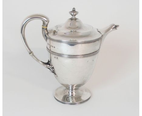 A SILVER COFFEE POT by R & W Sorley, Glasgow 1918, of tapering cylindrical form, with ribbed banding, bird's head spout and s