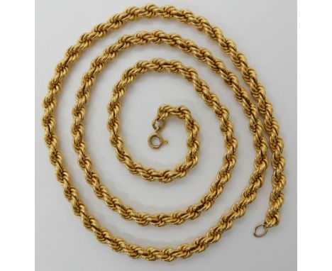 A BRIGHT YELLOW METAL ROPE CHAIN the clasp stamped 750, length 63cm, width 5mm, weight 25gms Condition Report: Hollow constru