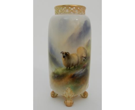 A ROYAL WORCESTER HARRY DAVIS VASE of cylindrical form painted with sheep in a mountainous setting, shape number G42, 14cm Hi