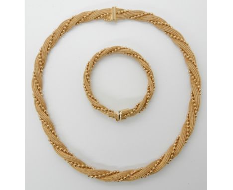AN 18CT GOLD ITALIAN MADE NECKLACE AND BRACELET of fancy woven and ball chain, necklace length 43cm, approx width 8.6mm, leng