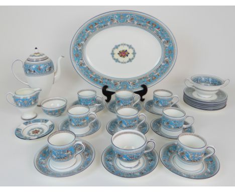 A WEDGWOOD TURQUOISE FLORENTINE COFFEE SET comprising eight cups, six saucers, six plates, milk jug and sugar bowl, coffee po