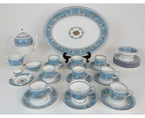 A WEDGWOOD TURQUOISE FLORENTINE COFFEE SET comprising eight cups, six saucers, six plates, milk jug and sugar bowl, coffee po