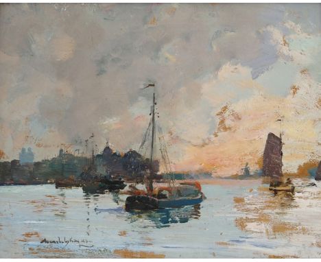 ARCHIBALD KAY RSA, RSW (SCOTTISH 1860-1935) DUTCH RIVER Oil on panel, signed, 20 x 25cm (7 3/4 x 9 3/4") Inscribed with title