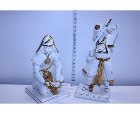 Two large ceramic samurai figures (damage to sword handle). Shipping unavailable. 