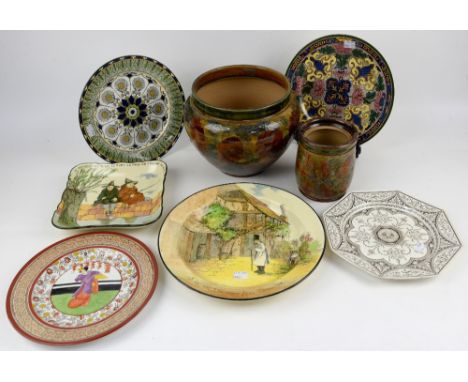 Royal Doulton leaf pattern planter and pot and various plates by Royal Douton and others (8 in lot).  