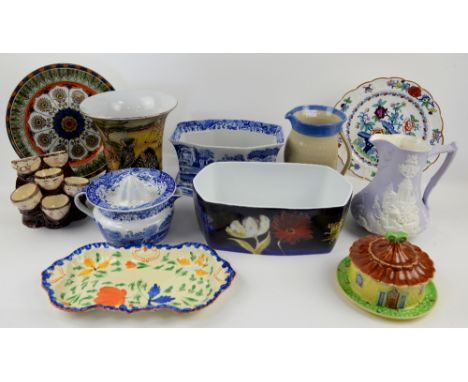 Quantity of items to include Weiss Monk egg cups, Spode Italian pattern lemon squeezer and planter, and sundry other ceramics