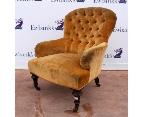 Victorian mahogany and upholstered button back bedroom chair on front turned legs.  