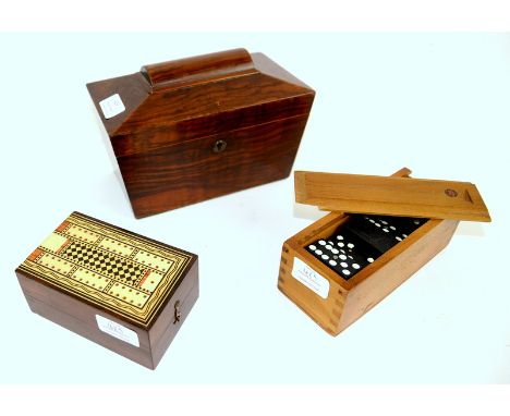 AMENDED DESCRIPTION - A 19th century Mahogany tea caddy, a set of dominos and a cribbage board. (3).  