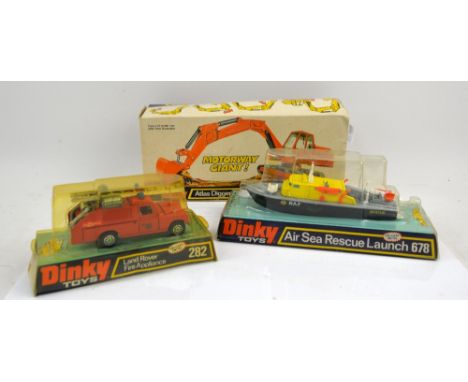 Dinky toys all boxed Land Rover Fire Appliance n282, Muir Hill Loader  and trencher 967, Mobile Gun 654, Air Sea Rescue Launc