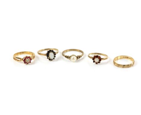 Five gold rings, opal sapphire cluster, size M, one opal and red paste, size J and another cubic zirconia and ruby, size L, p