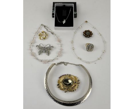 Mixed group of costume jewellery, including faux pearl necklaces, white metal necklaces, ladies Aurora watch, glass heart pen