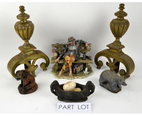 Brass fine guards, ceramic pots &amp; bears (2 shelves).  