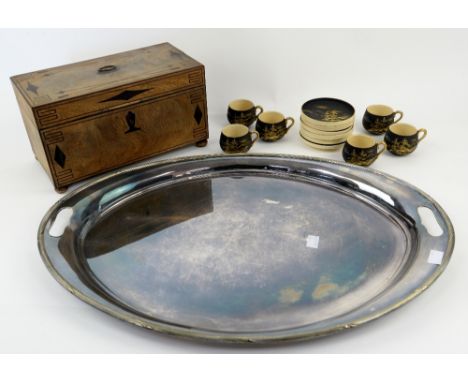 19th century tea-caddy, Japanese tea set and a a silver plated oval tray..  
