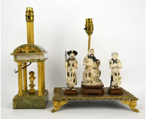 Novelty lamp base with three Chinese resin figures and another lamp.  Lamp base with figures - Some losses to fine details su