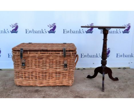 A pine kitchen table, a square occasional table on tripod base and a wicker hamper. (3).  