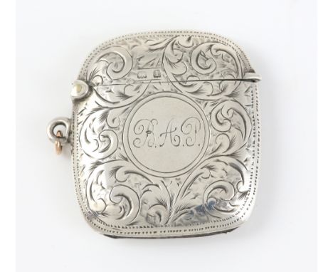 George V silver vesta with bright cut scrolling decoration, maker's mark 'WH', Birmingham, 1910, 18.1g, 4.3cm high, 19th cent