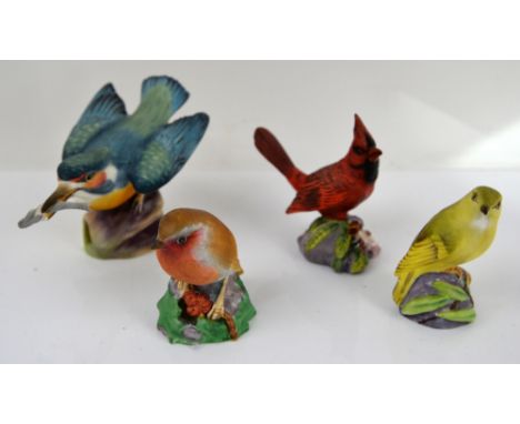Four Royal Worcester bone china birds to include Kingfisher, Robin, Wood Warbler and Red Cardinal, (af),.  