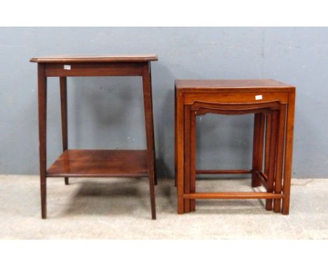 Nest of three Chinese tables, leather trunk, copper coal scuttle, and a two tier table .  