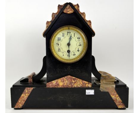 Omega stop watch, black slate mantel clock, and a display chest with pocket watches.  