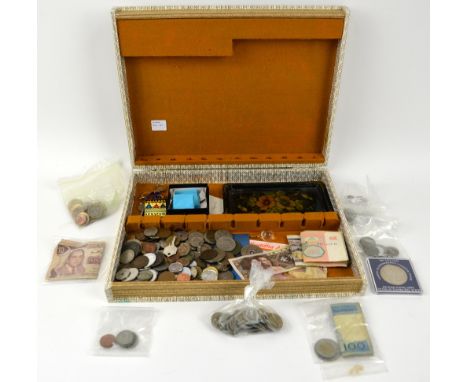 Mixed lot costume jewellery, watches, coins, banknotes, including silver Albert chain, Delft brooch, back and front locket, R