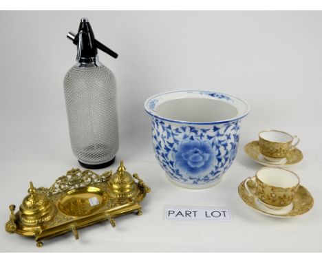 AMENDED DESCRIPTION Oriental style blue and white planter, soda syphon, teacups and other miscellaneous items.  