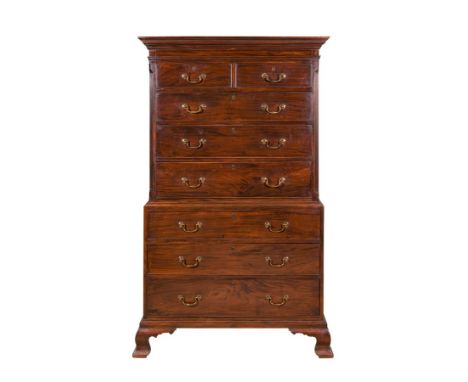 A George III mahogany chest on chest, circa 1770, with moulded cornice above two short and three long graduated drawers on a 