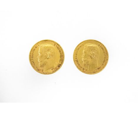 A gold five rouble coin, 1899, Czar Nicholas II and another, 1900 CONDITION REPORT: Both coins are 5 rouble.  Total weight 8.