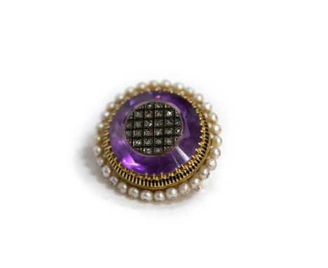 A French amethyst, diamond and pearl target brooch set in gold, 3cm diameter/see illustration CONDITION REPORT: 12.4gm, good 