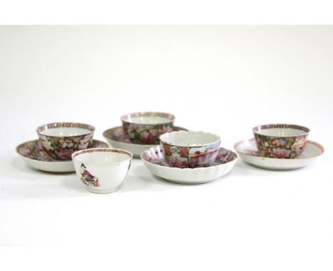Three Chinese mandarin pattern tea bowls and two saucers, and two other famille rose tea bowls and saucers CONDITION REPORT: 