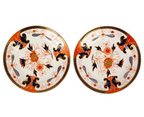 A pair of Swansea dessert plates painted in the Imari palette with flower pattern no. 264, 21cm diameter/Literature: J Jones,