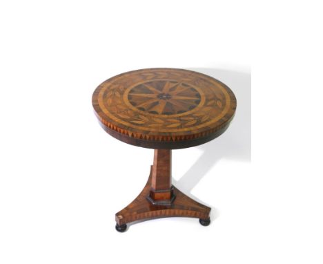 A Victorian rosewood and inlaid lamp table, the circular top on triangular column to a triform base, 65cm diameter  CONDITION
