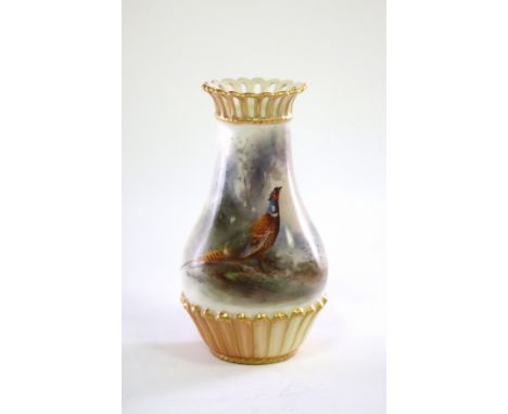 A Royal Worcester vase decorated a pheasant, by James Stinton, 13.5cm high CONDITION REPORT: Section of pierced rim restored,