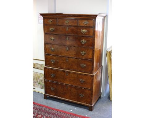 An 18th Century and later walnut chest on chest, fitted three short over six long drawers on bracket feet, 108cm wide CONDITI