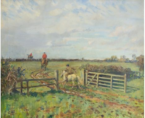 Lionel Edwards (1878-1966)/Last Man Shut The Gate/the young rider in the gateway, Miss Pauline Phillips, pursuing her father 